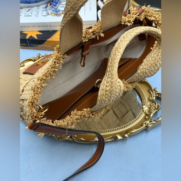 🆕 OROTON 🧿 NWOT Calypso Small Woven Straw Crossbody Tote, Natural & Saddle - Picture 14 of 16